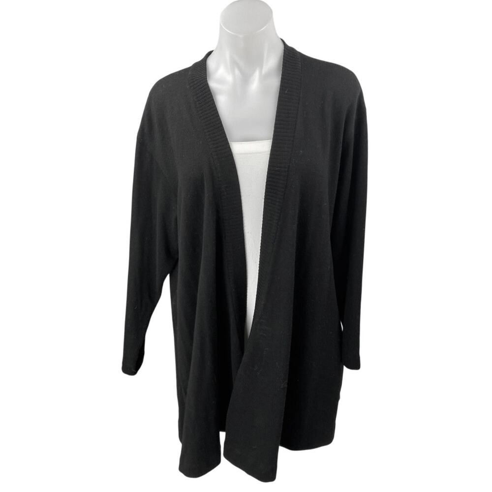 Donna Karan 100% Wool Black Open Front Long Sleeve Knit Cardigan Sweater Size S